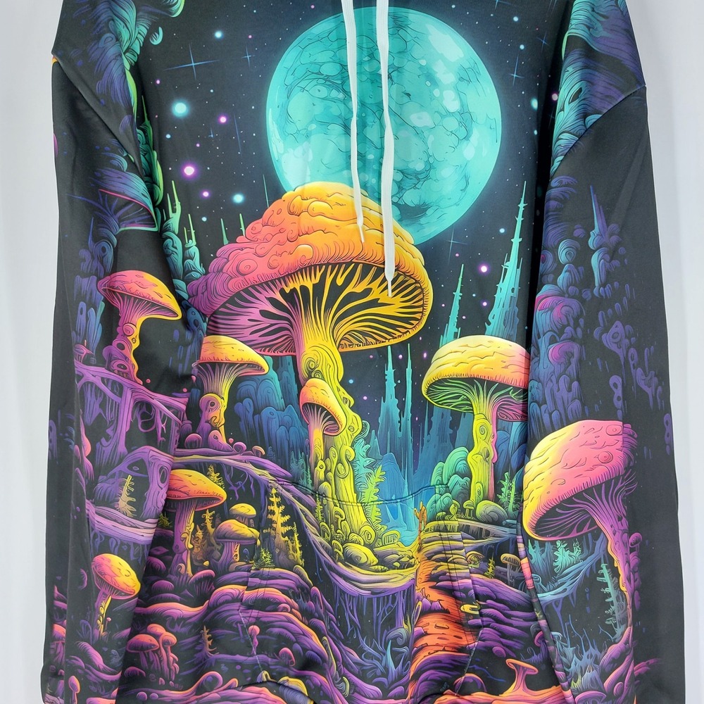 Psychedelic Moon Mushroom Zip Hoodie with Pocket Vibrant Fungi All-Over Print XL - Picture 2 of 7